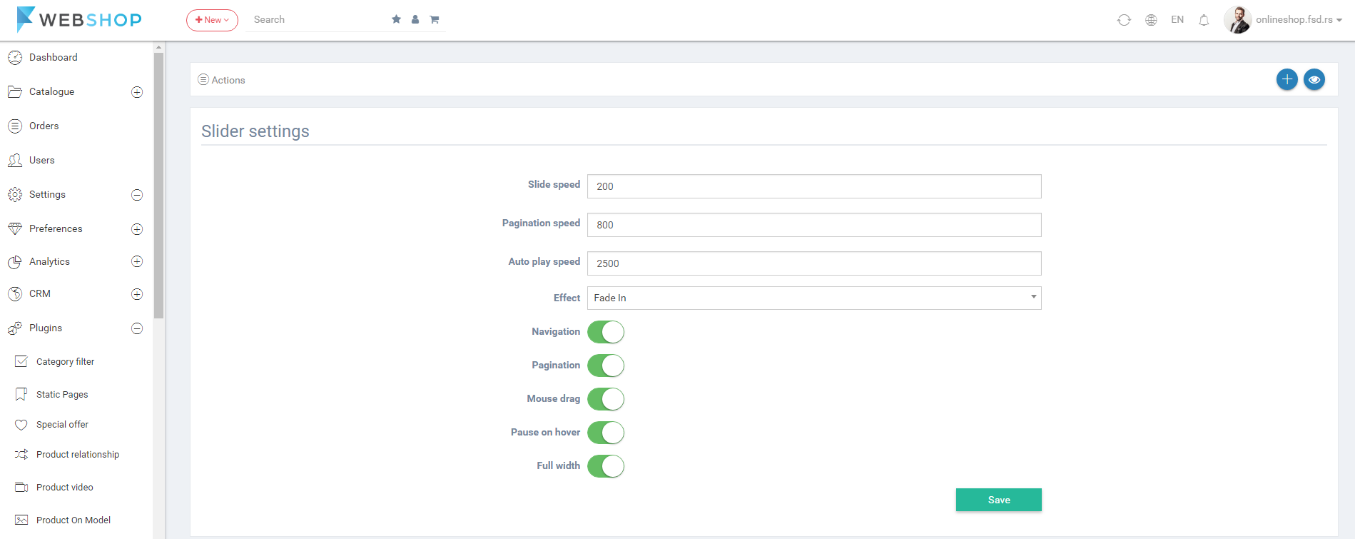 Slider settings